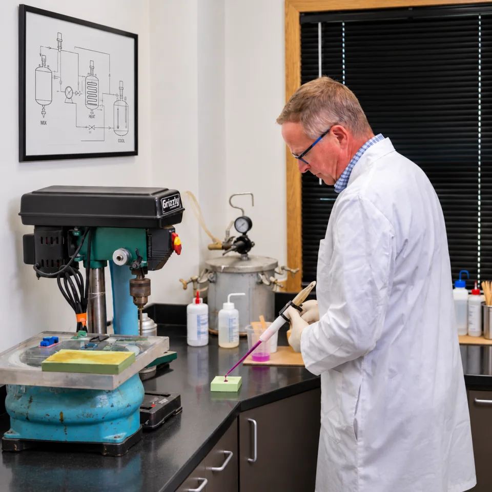 Anchor Seal formulator preparing a material sample in the lab