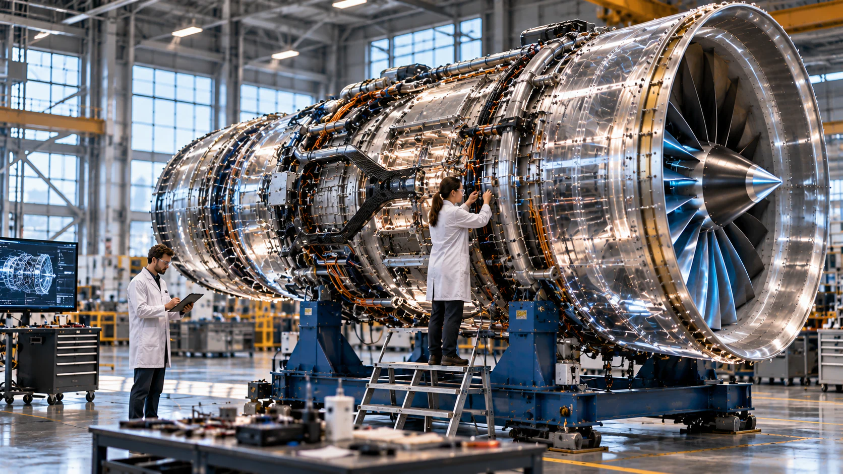 Transparent jet engine in an aerospace workshop