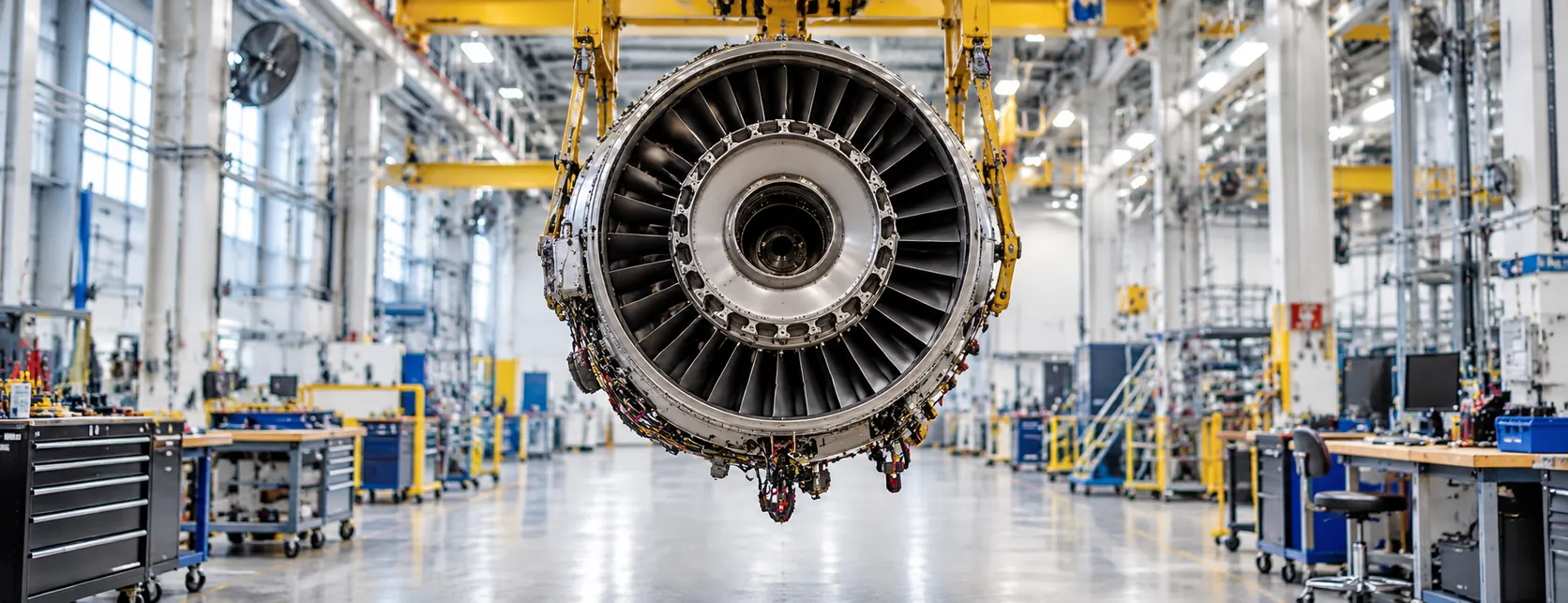A jet engine hanging in a clean aircraft assembly hangar