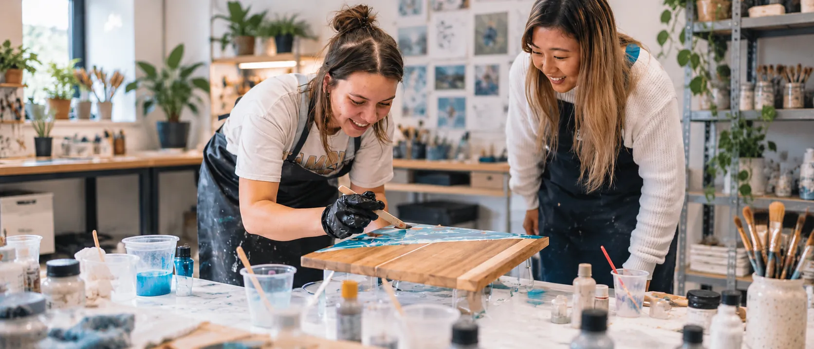 Two makers working on a resin piece in a craft studio