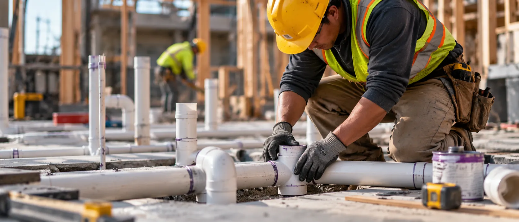 A worker fitting pipe on a construction site