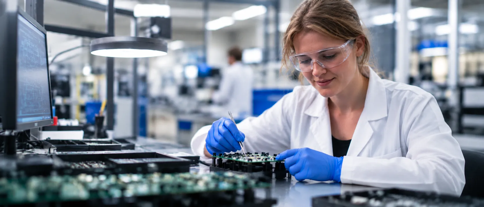 A technician working on circuit boards in an electronics lab