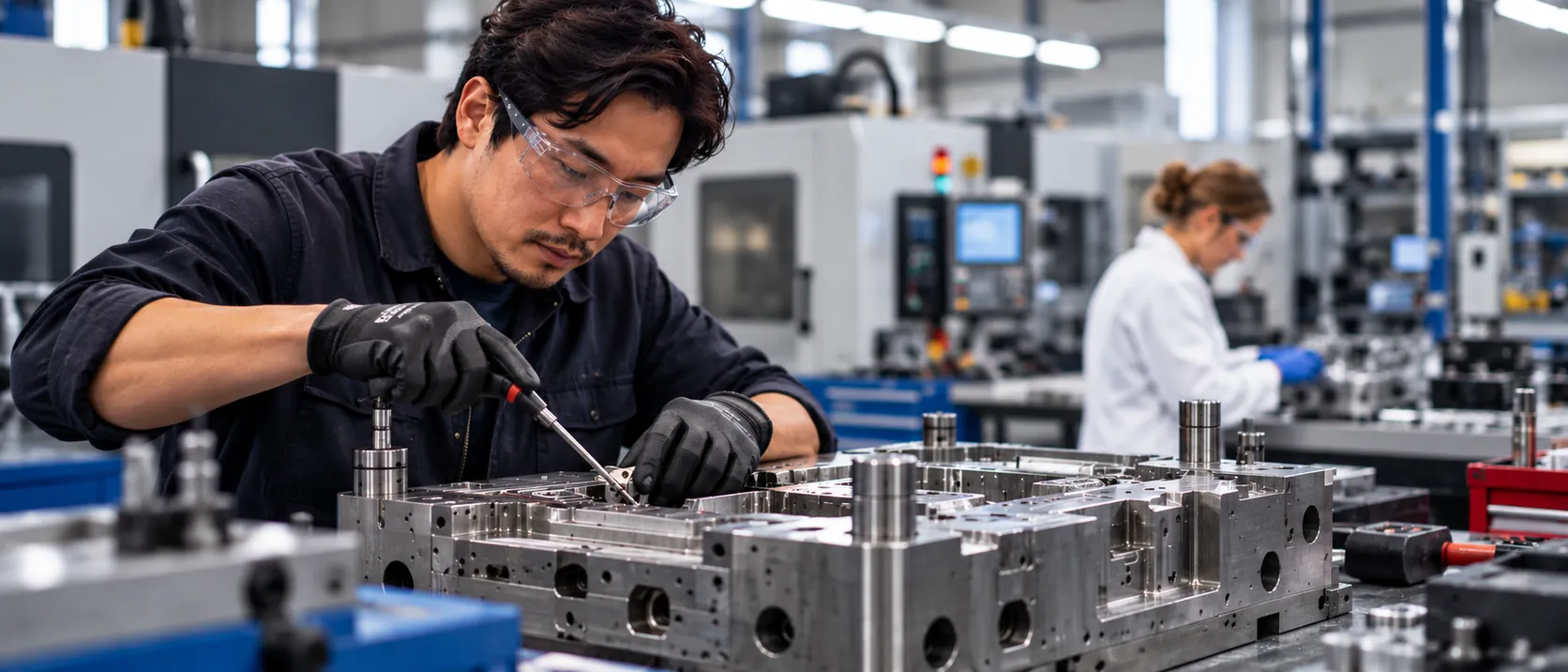 A machinist assembling a precision mold in a machine shop