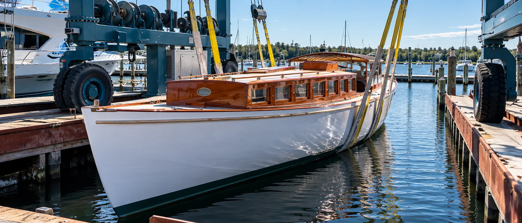 A wooden-cabin boat lifted from the water at a marina