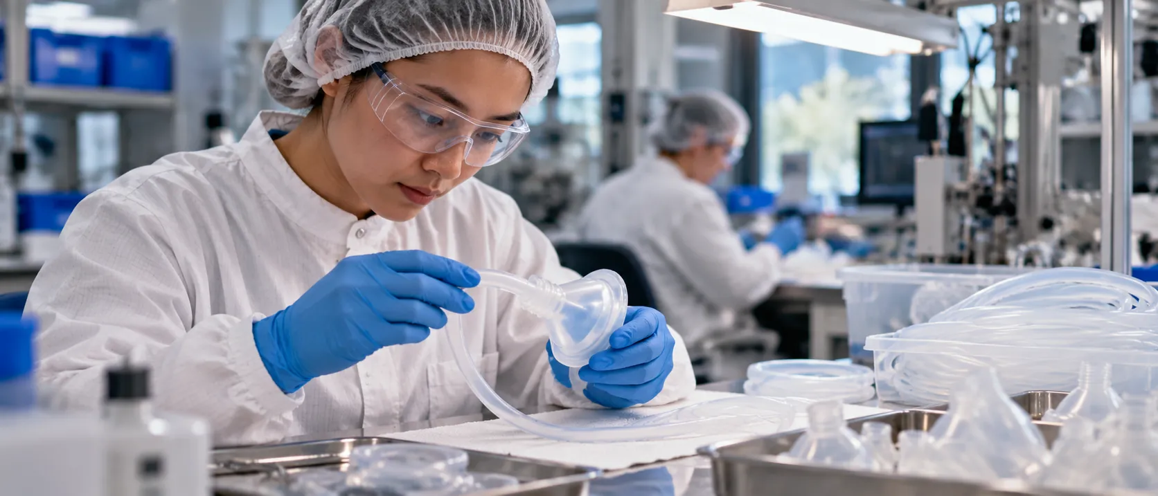 A lab technician in a hairnet handling clear parts in a clean room
