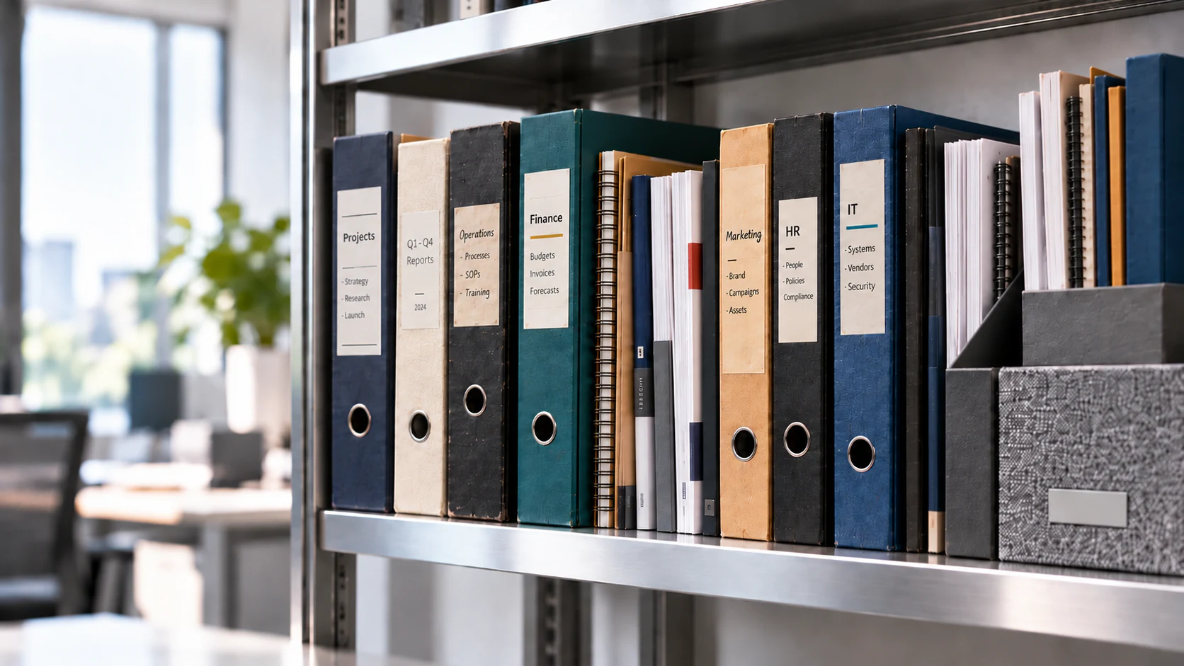Organized office shelf of binders and files